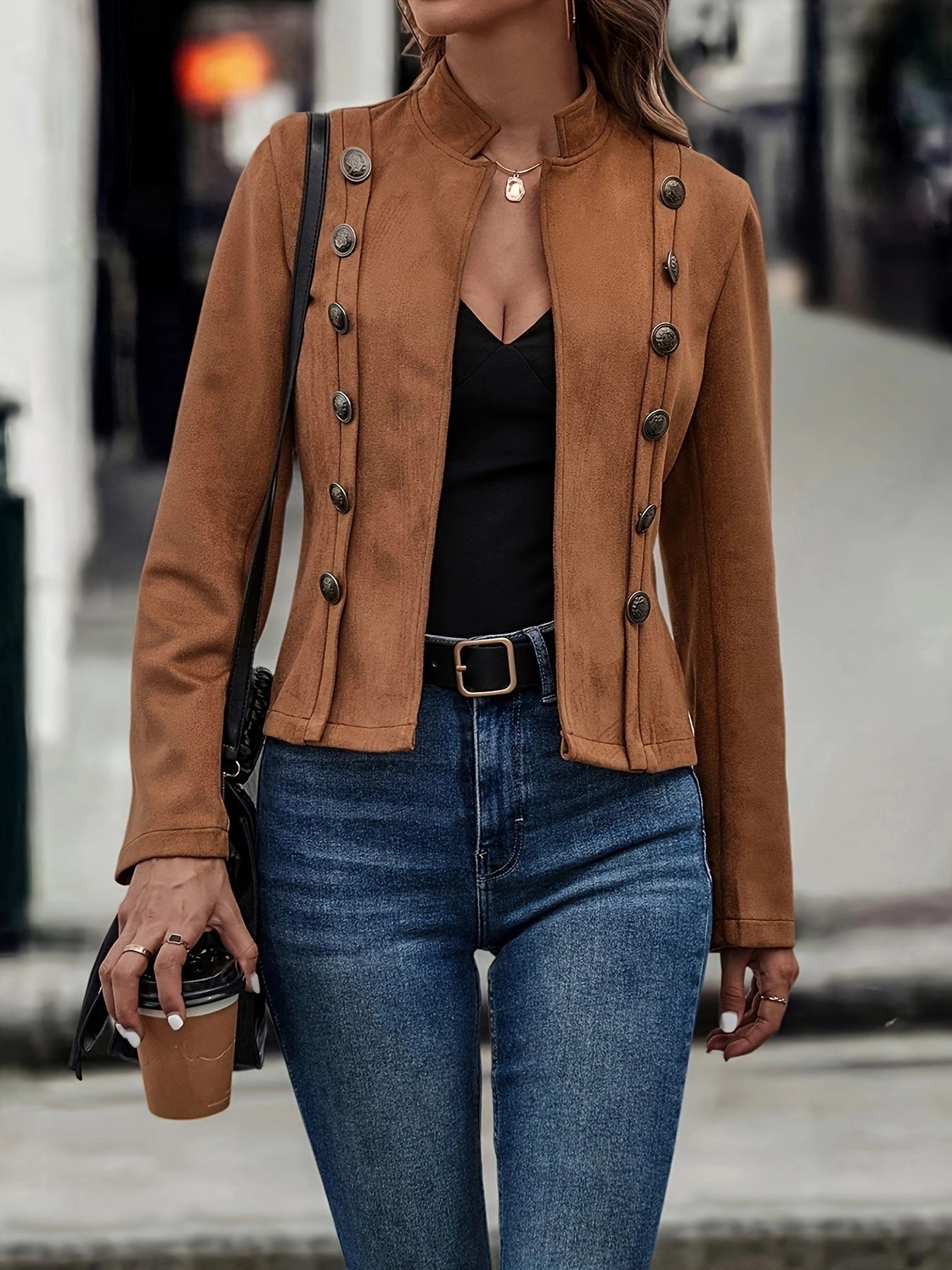 Fitted Double-Breasted Tan Suede Jacket for Women in a Vintage Style
 - ModishWorld
