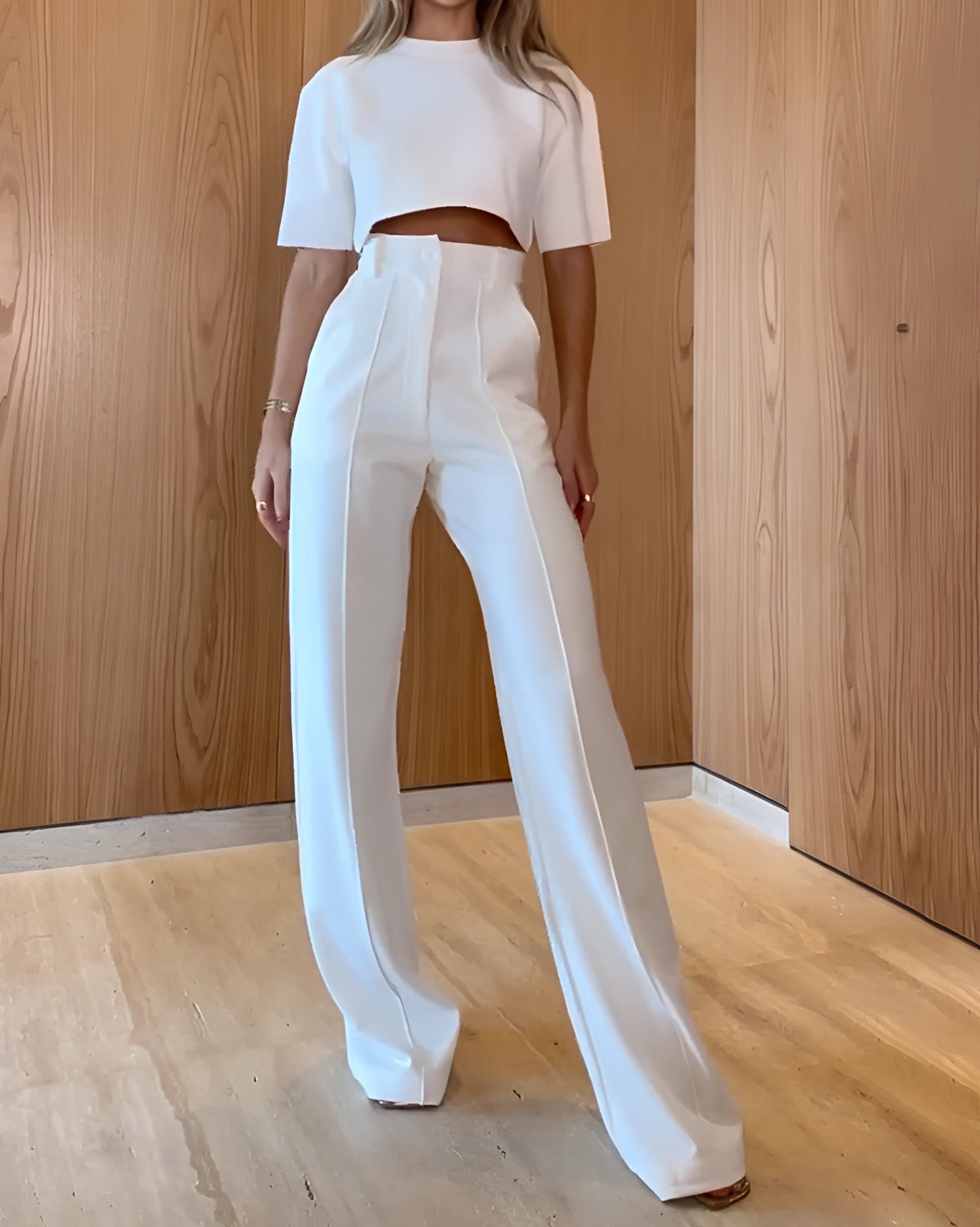 High-Waisted Wide-Leg Pants and Cropped Top Set for Women (White)
 - ModishWorld