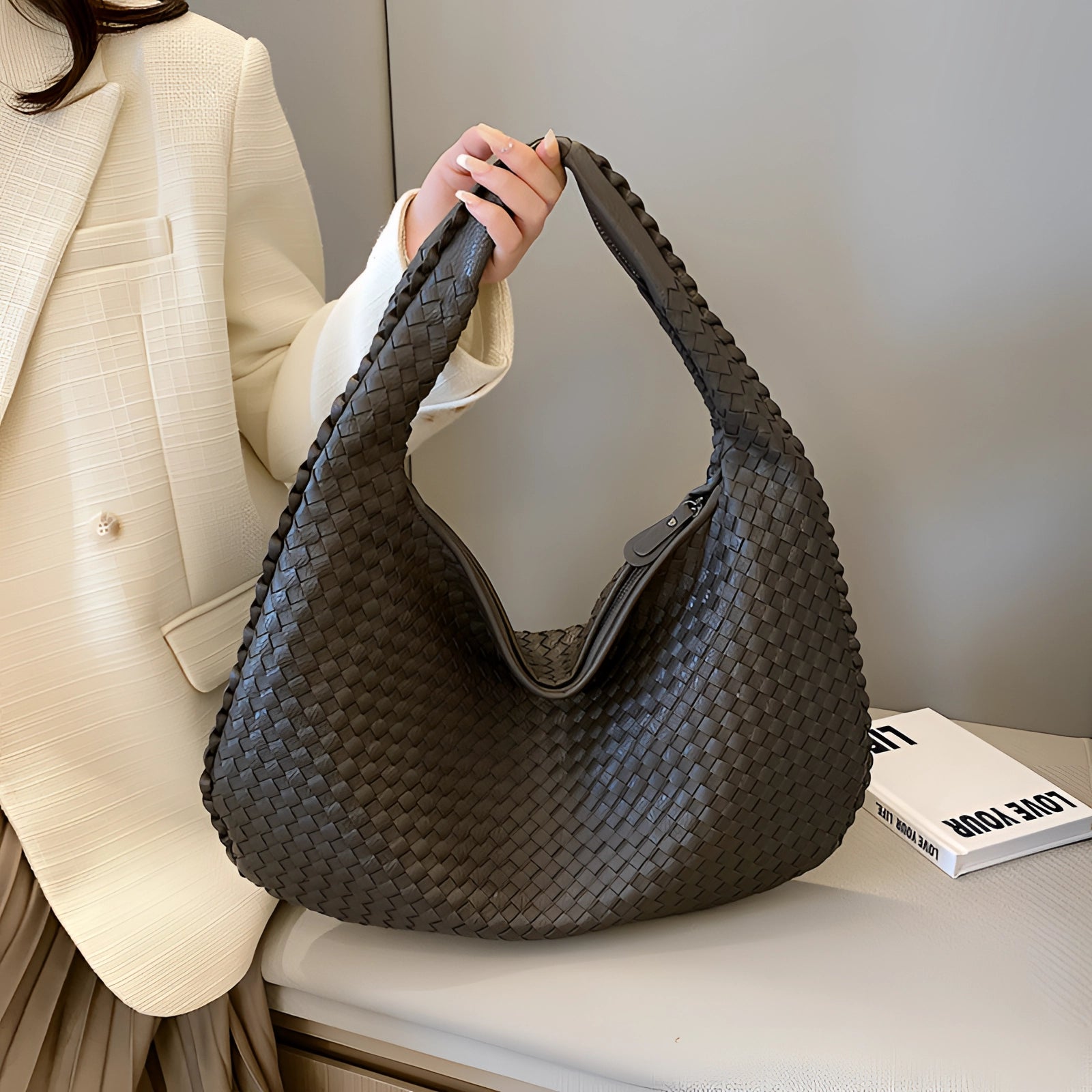 Stylish Gray Geometric Tote: Designer Woven Leather Handbag
 - ModishWorld