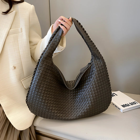 Stylish Gray Geometric Tote: Designer Woven Leather Handbag
 - ModishWorld