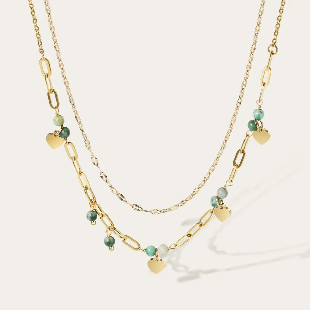 Double-Layered 18K Gold Necklace, Heart & Green Beads
 - ModishWorld