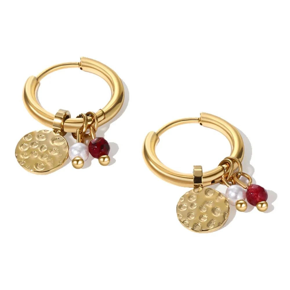 Hoop Earrings with Pink Natural Stone Charms, 18K Gold Plated
 - ModishWorld