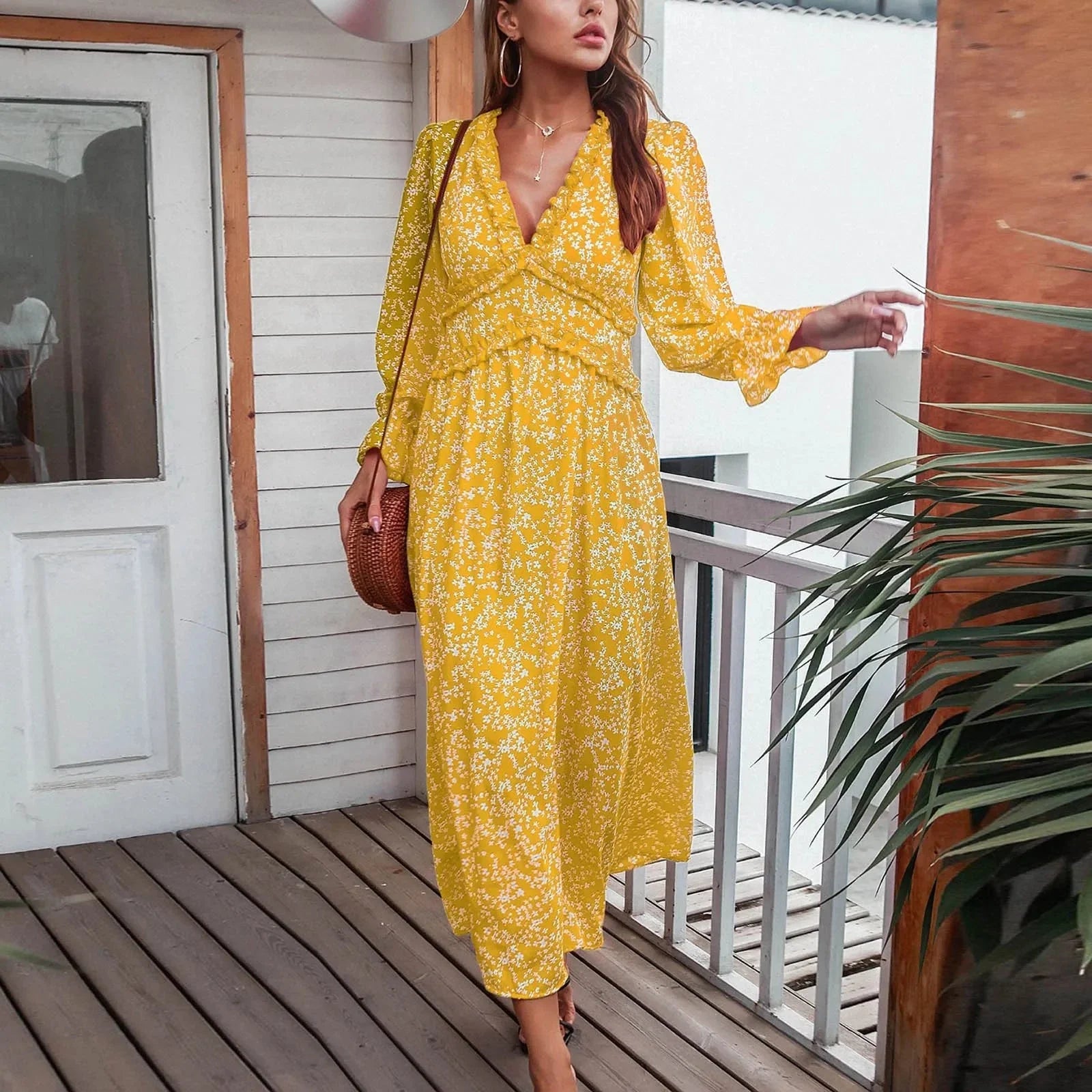 Bohemian Maxi Wrap Dress in Yellow Floral Print, Long Sleeve V-Neck, Spring Style
 - ModishWorld