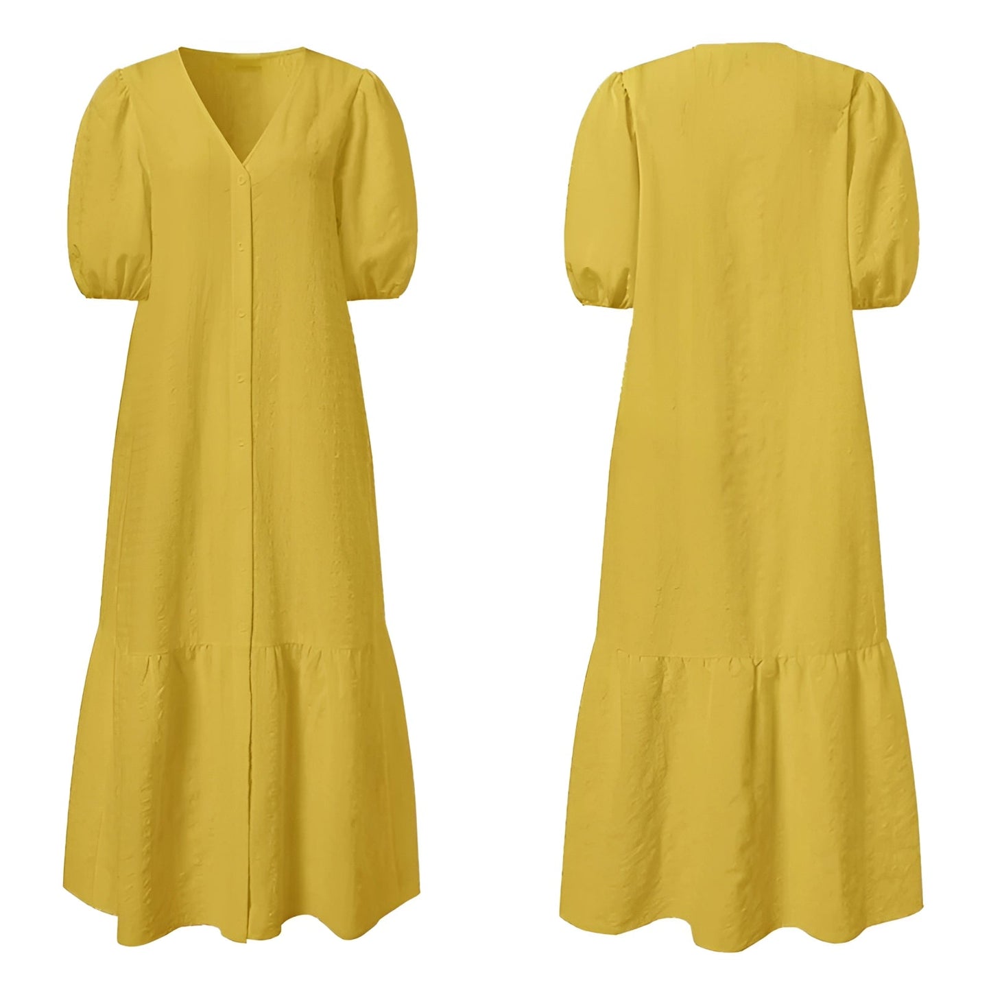 Women's Linen Midi Dress: Yellow, V-Neck, Pleated, Pockets
 - ModishWorld