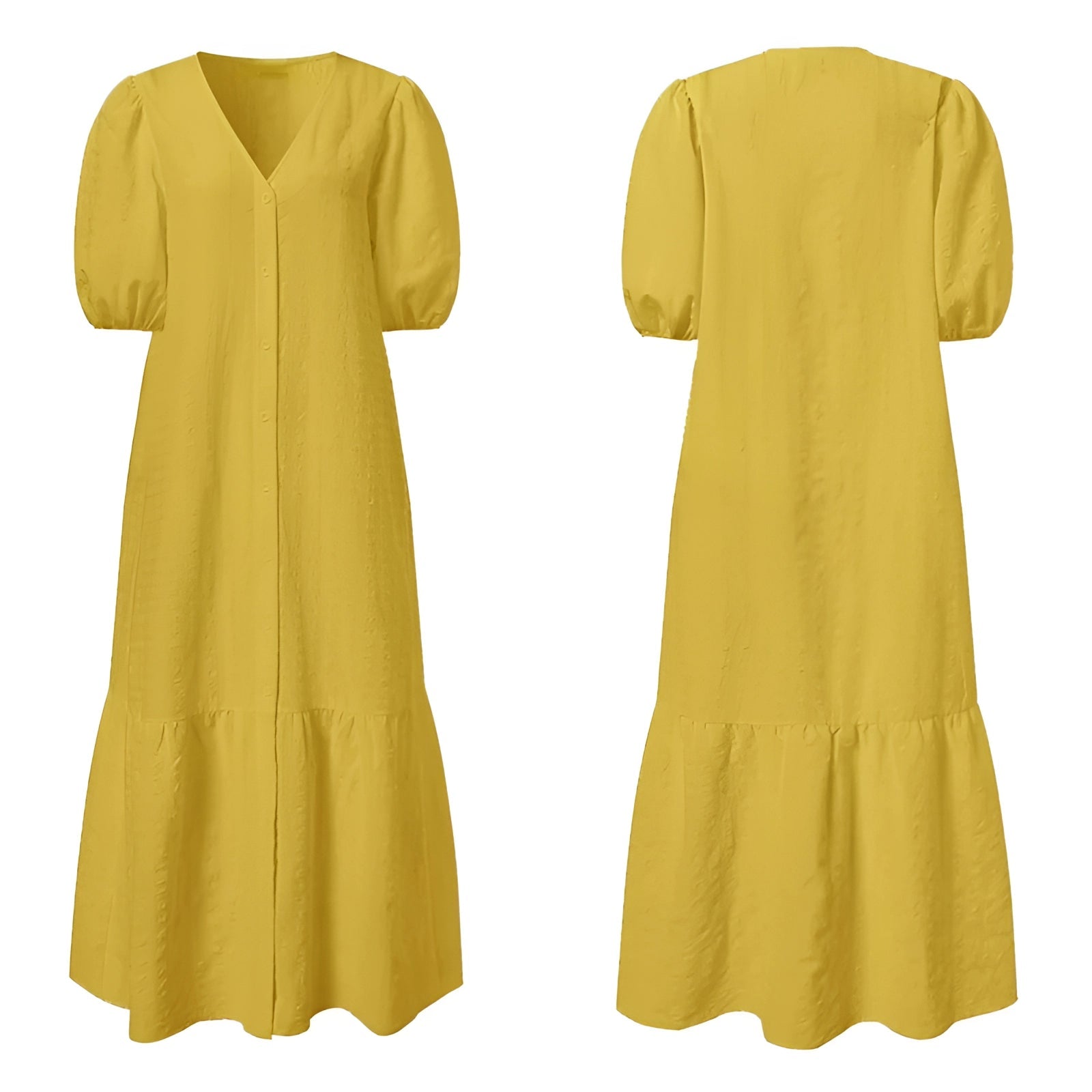Women's Linen Midi Dress: Yellow, V-Neck, Pleated, Pockets
 - ModishWorld