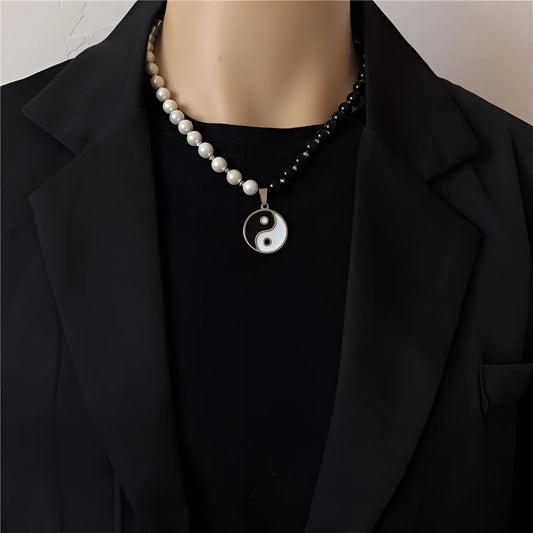 Black and White Bead Necklace with Yin Yang Pendant, Spiritual Jewelry
 - ModishWorld