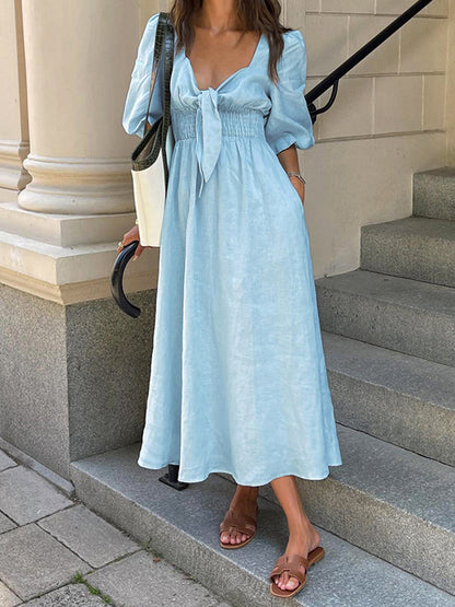 Pastel Blue Summer Dress with Puff Sleeves and Tie Front - ModishWorld