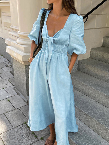 Pastel Blue Summer Dress with Puff Sleeves and Tie Front