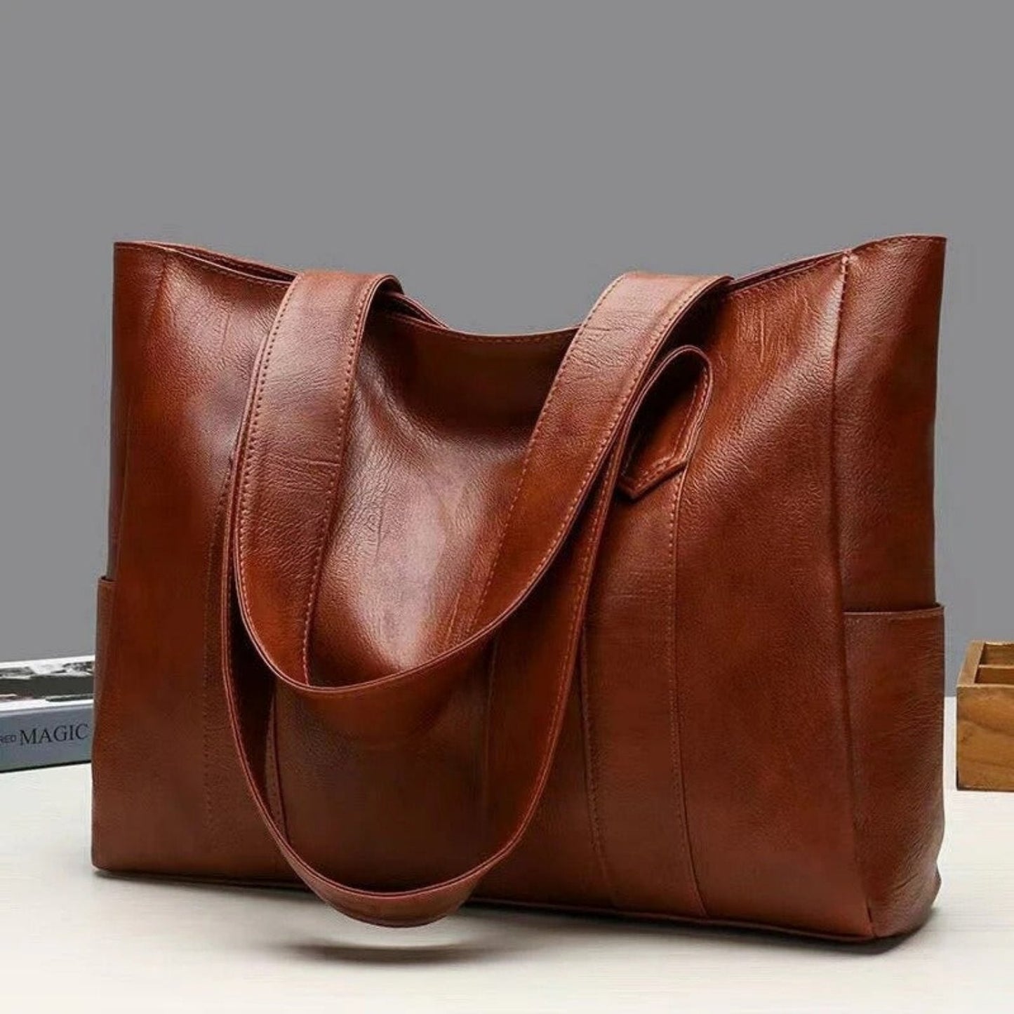 Luxury Brown Leather Big Tote Handbag