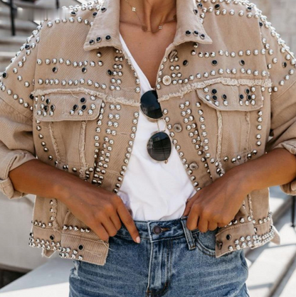 Edgy Studded Women's Jacket - Button Up Biker Style - ModishWorld