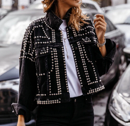 Edgy Studded Women's Jacket - Button Up Biker Style
