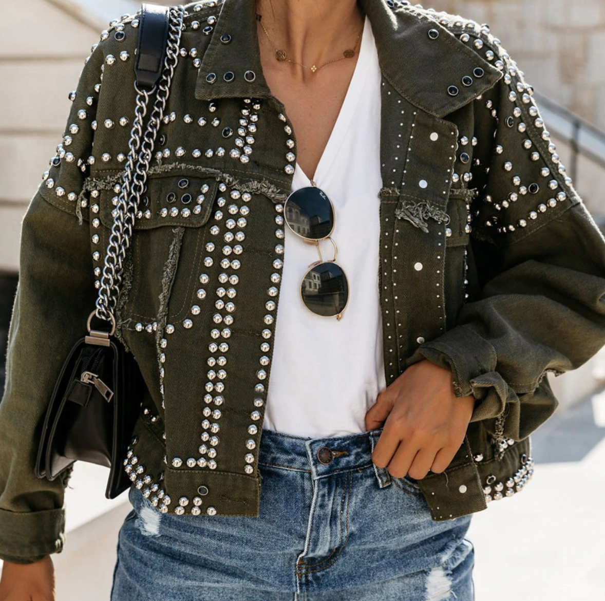 Edgy Studded Women's Jacket - Button Up Biker Style