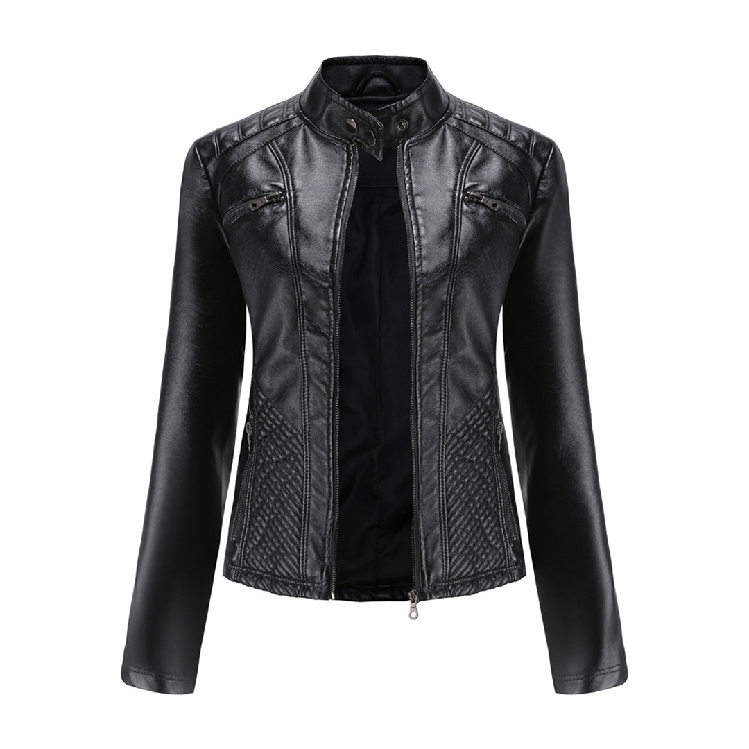 Classic Biker Leather Jacket with Zip Up Collar - ModishWorld