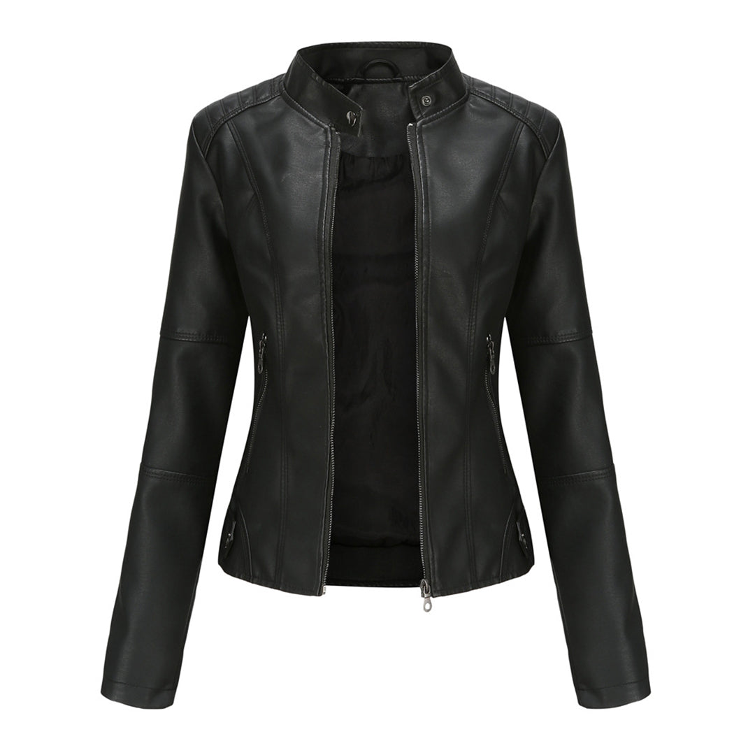 Feminine Leather Moto Jacket with Zip Front - ModishWorld