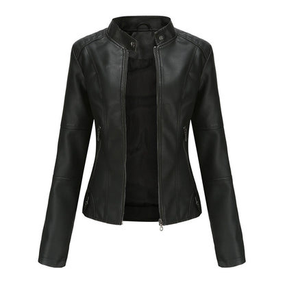 Feminine Leather Moto Jacket with Zip Front - ModishWorld