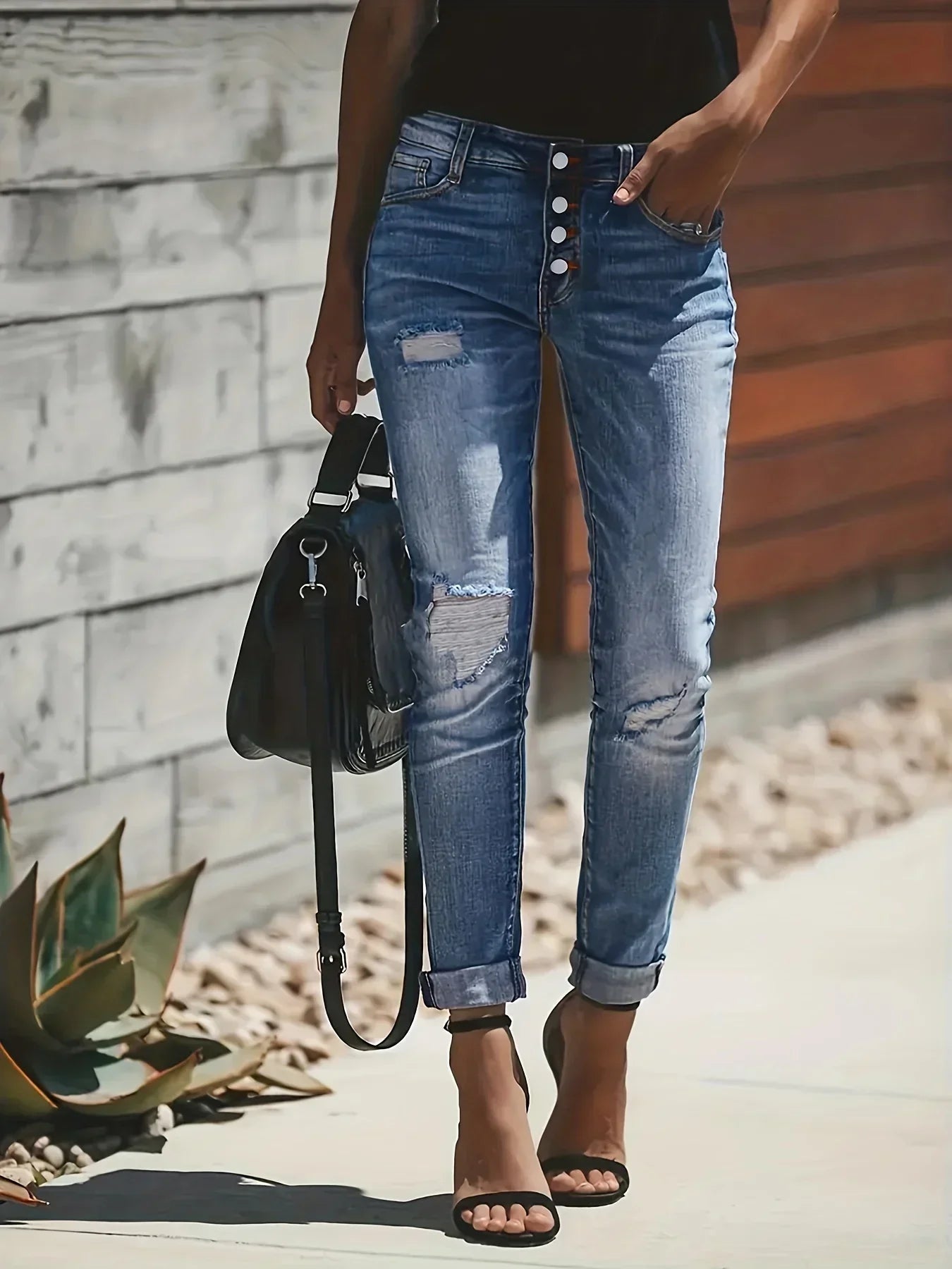 Dark Blue Skinny Distressed Jeans - Button Fly & Cuffed Leg - ModishWorld