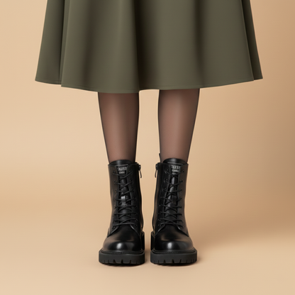 Ladies Low Heel Boots with Laces and Zipper