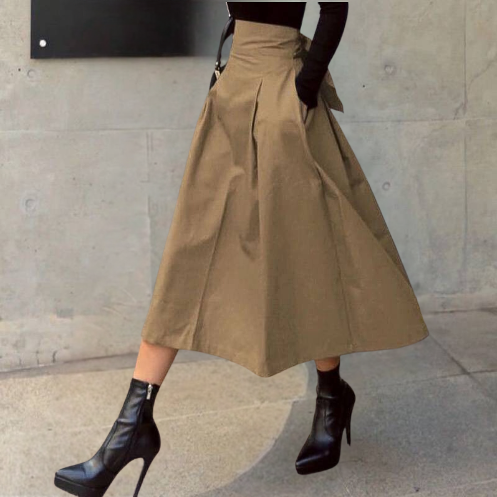 Flared Waist Midi Skirt with Back Tie Closure - ModishWorld