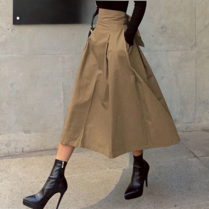 Flared Waist Midi Skirt with Back Tie Closure - ModishWorld