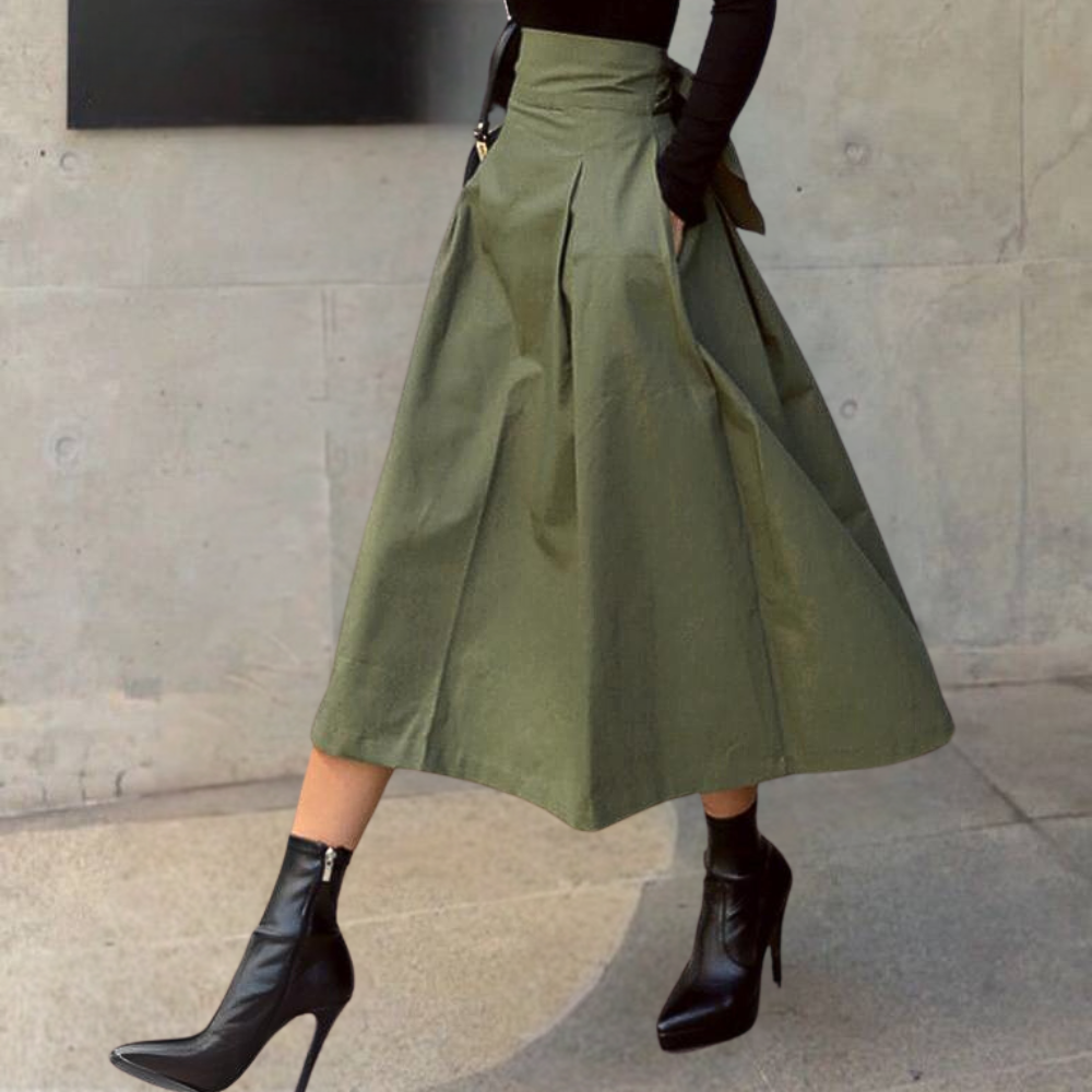 Flared Waist Midi Skirt with Back Tie Closure