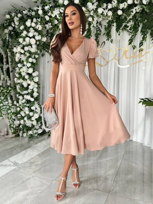 Chic Female Party Dress with V Neck and Flowy Skirt - ModishWorld