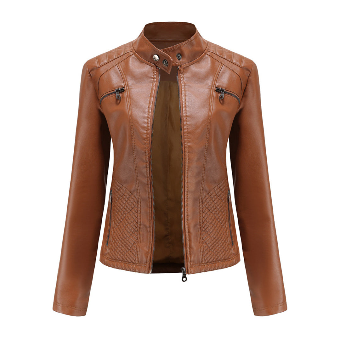 Classic Biker Leather Jacket with Zip Up Collar