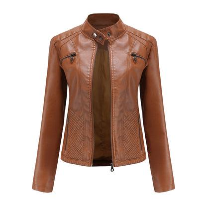 Classic Biker Leather Jacket with Zip Up Collar
