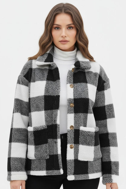 Warm Women's Checked Teddy Jacket with Pockets
