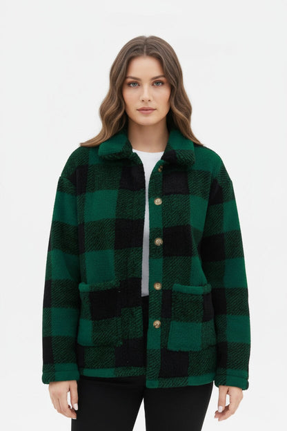 Warm Women's Checked Teddy Jacket with Pockets
