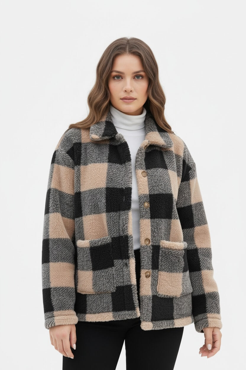 Warm Women's Checked Teddy Jacket with Pockets - Modish World