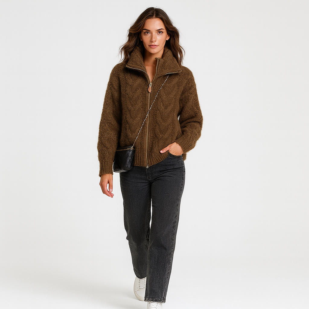 Cozy Cable Knit Zip Sweater for Ladies