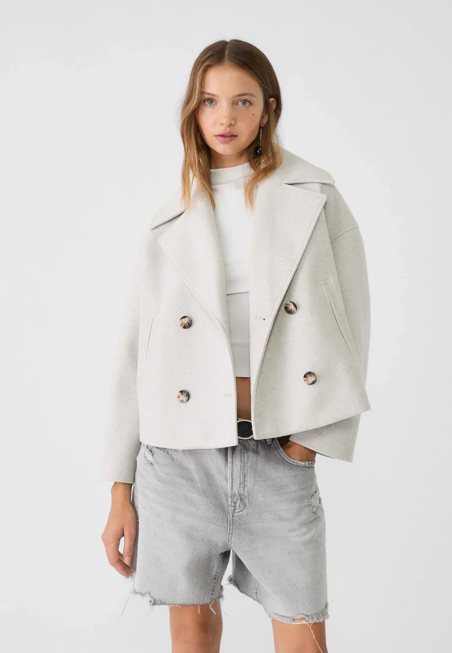 Women's Short Double Breasted Coat with Notch Collar - ModishWorld