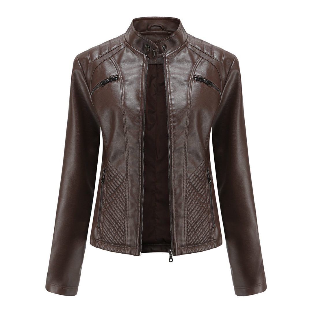 Classic Biker Leather Jacket with Zip Up Collar