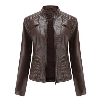 Classic Biker Leather Jacket with Zip Up Collar