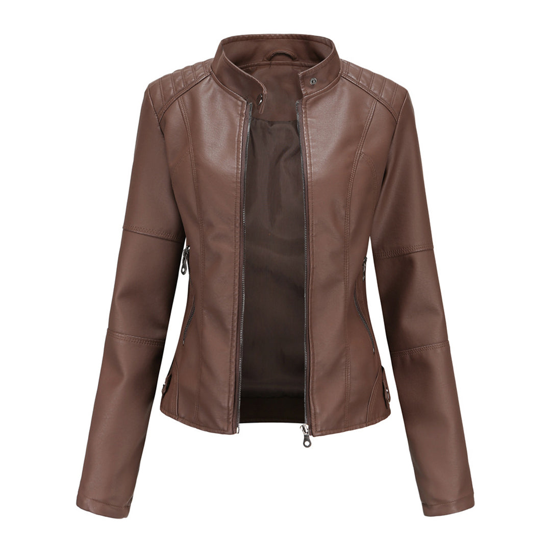 Feminine Leather Moto Jacket with Zip Front