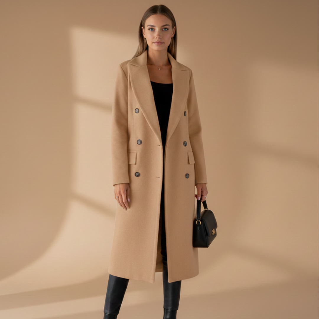 Ladies Classic Coat with Lapel Collar and Button Front