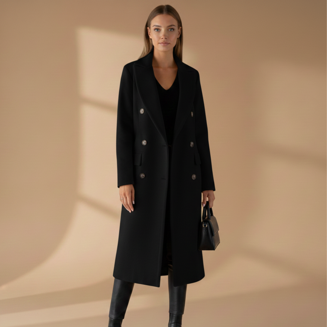 Ladies Classic Coat with Lapel Collar and Button Front
