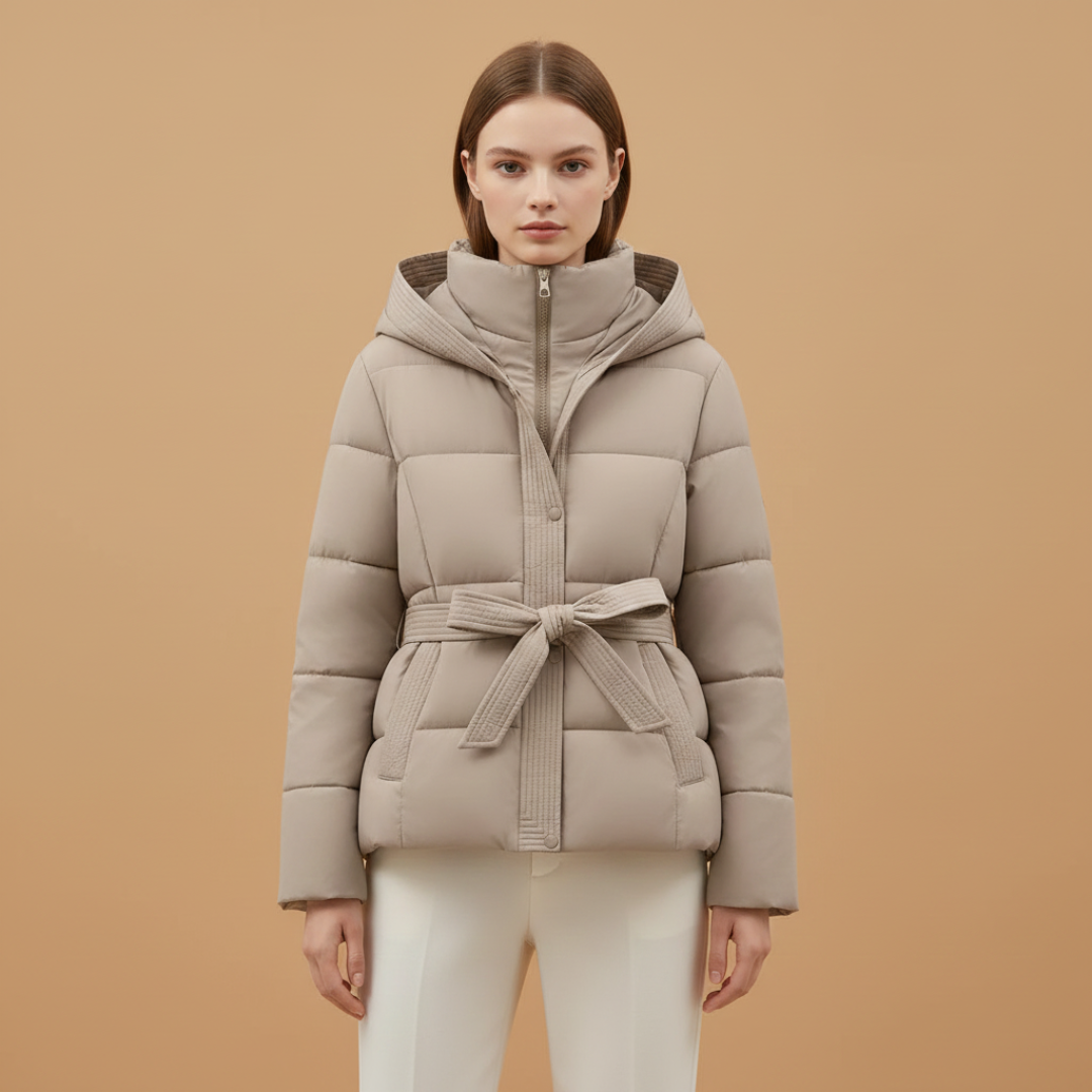 Ladies Waterproof Parka with Hood and Adjustable Belt