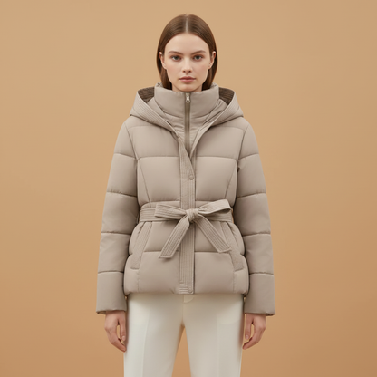 Ladies Waterproof Parka with Hood and Adjustable Belt