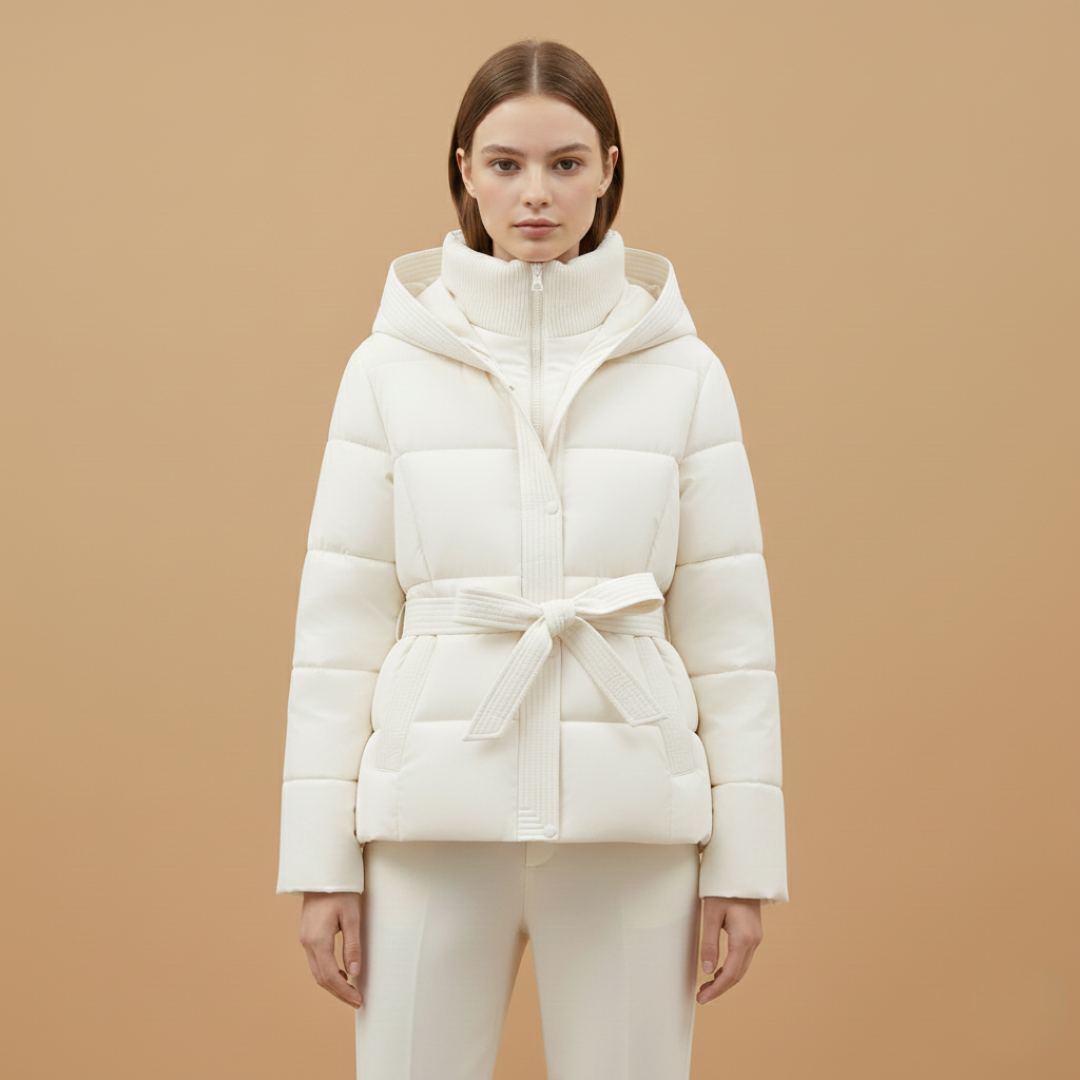 Ladies Waterproof Parka with Hood and Adjustable Belt