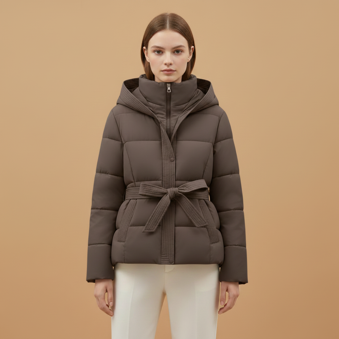 Ladies Waterproof Parka with Hood and Adjustable Belt