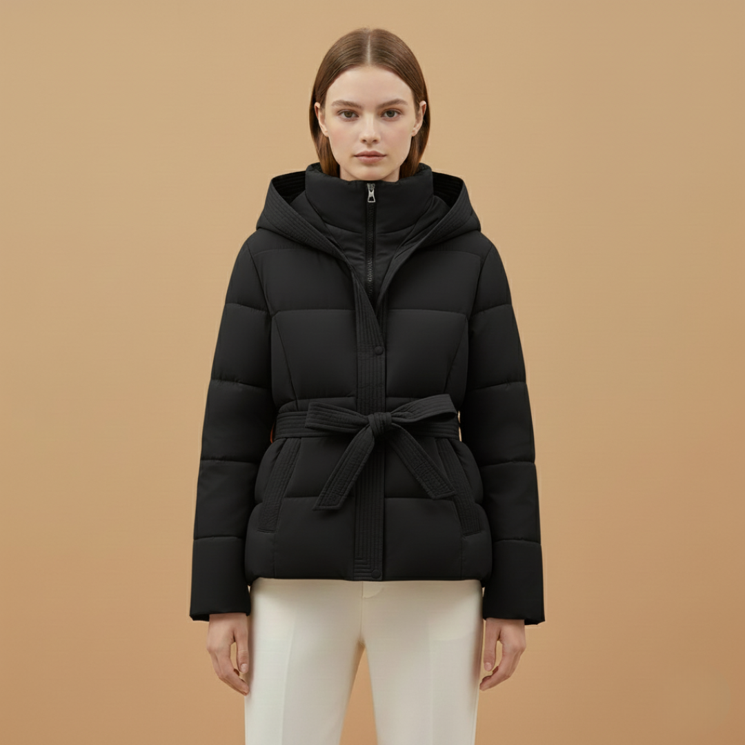 Ladies Waterproof Parka with Hood and Adjustable Belt