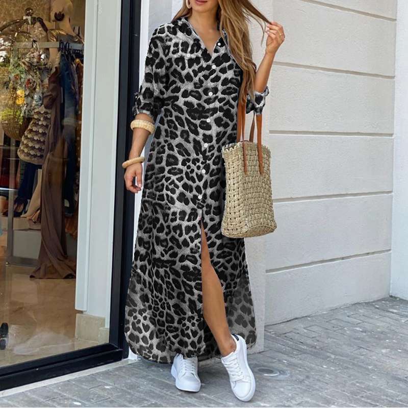 Women's Animal Print Long Sleeve Split Maxi Dress