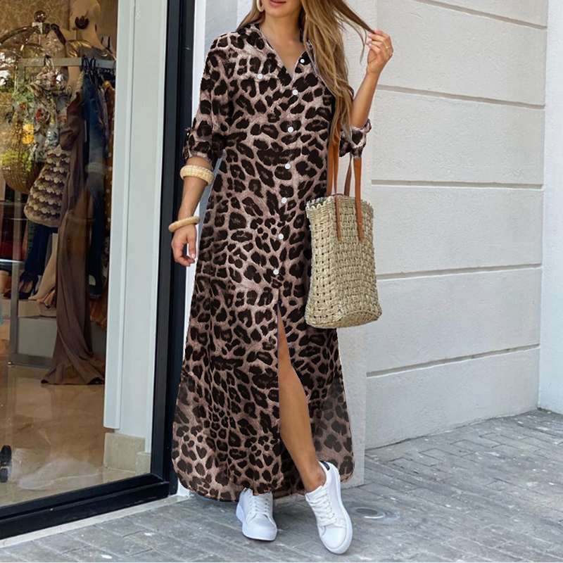 Women's Animal Print Long Sleeve Split Maxi Dress