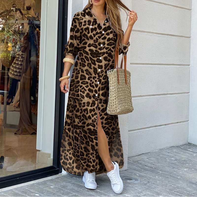 Women's Animal Print Long Sleeve Split Maxi Dress - ModishWorld
