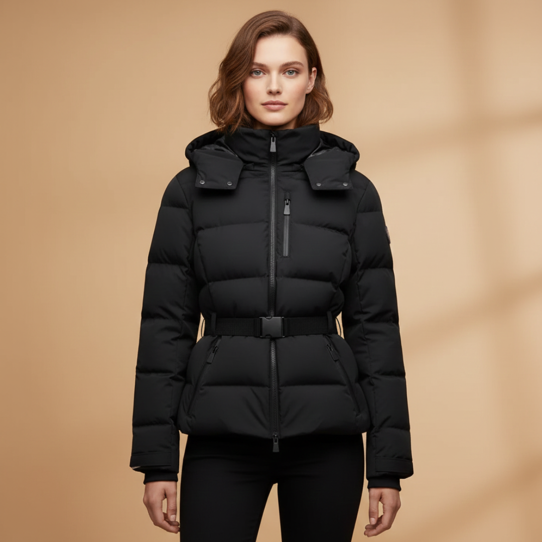 Warm Women's Puffer Coat with Hood and Waist Belt