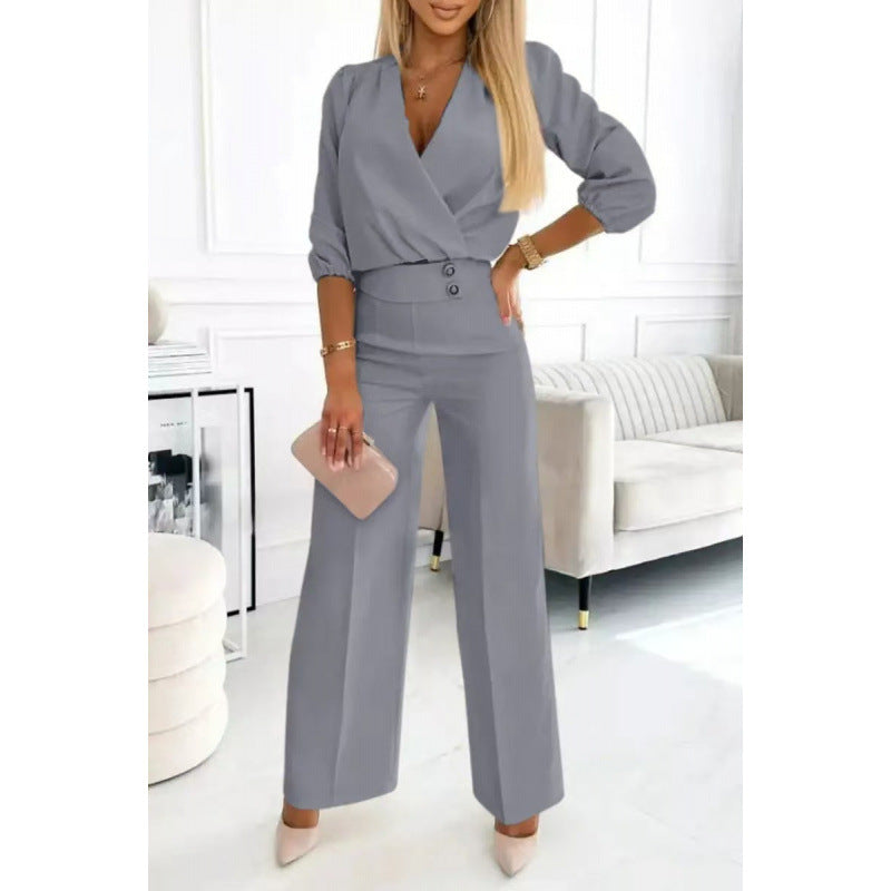Elegant Women's Jumpsuit with Wrap Front and Flare Leg