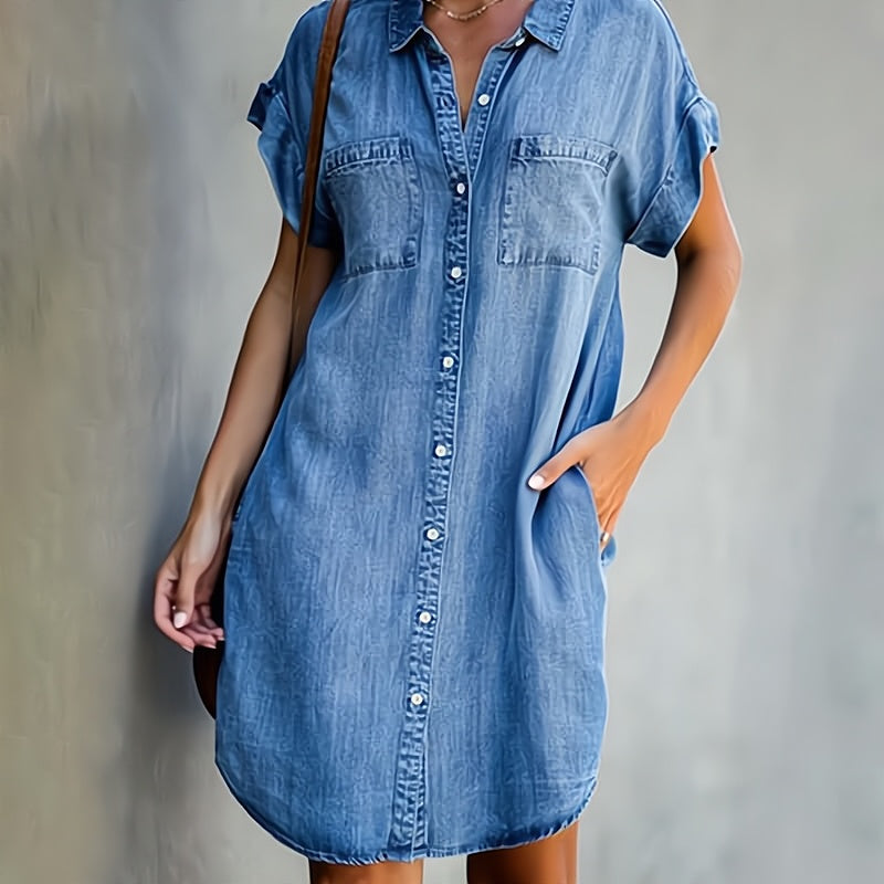 Classic Short Sleeve Shirt Dress - ModishWorld