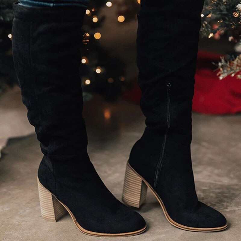 Tall Women's Side Zip Leather Boots with Block Heel