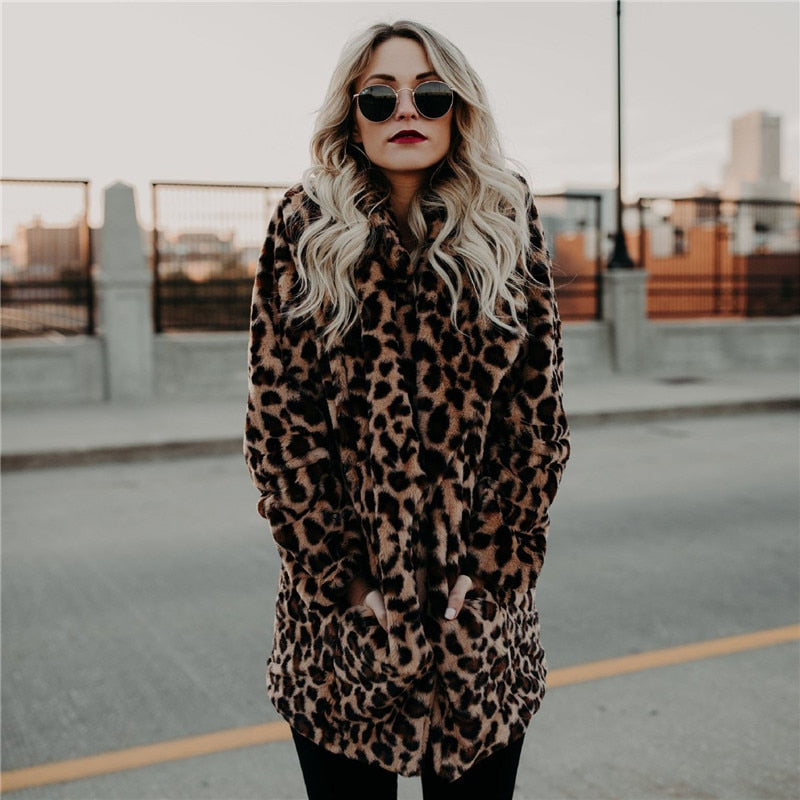 Warm Faux Fur Leopard Parka Coat